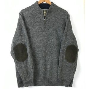 LL Bean Mens L 100% Wool 1/4 Zip Pullover Sweater Corduroy Elbow Patches Gray